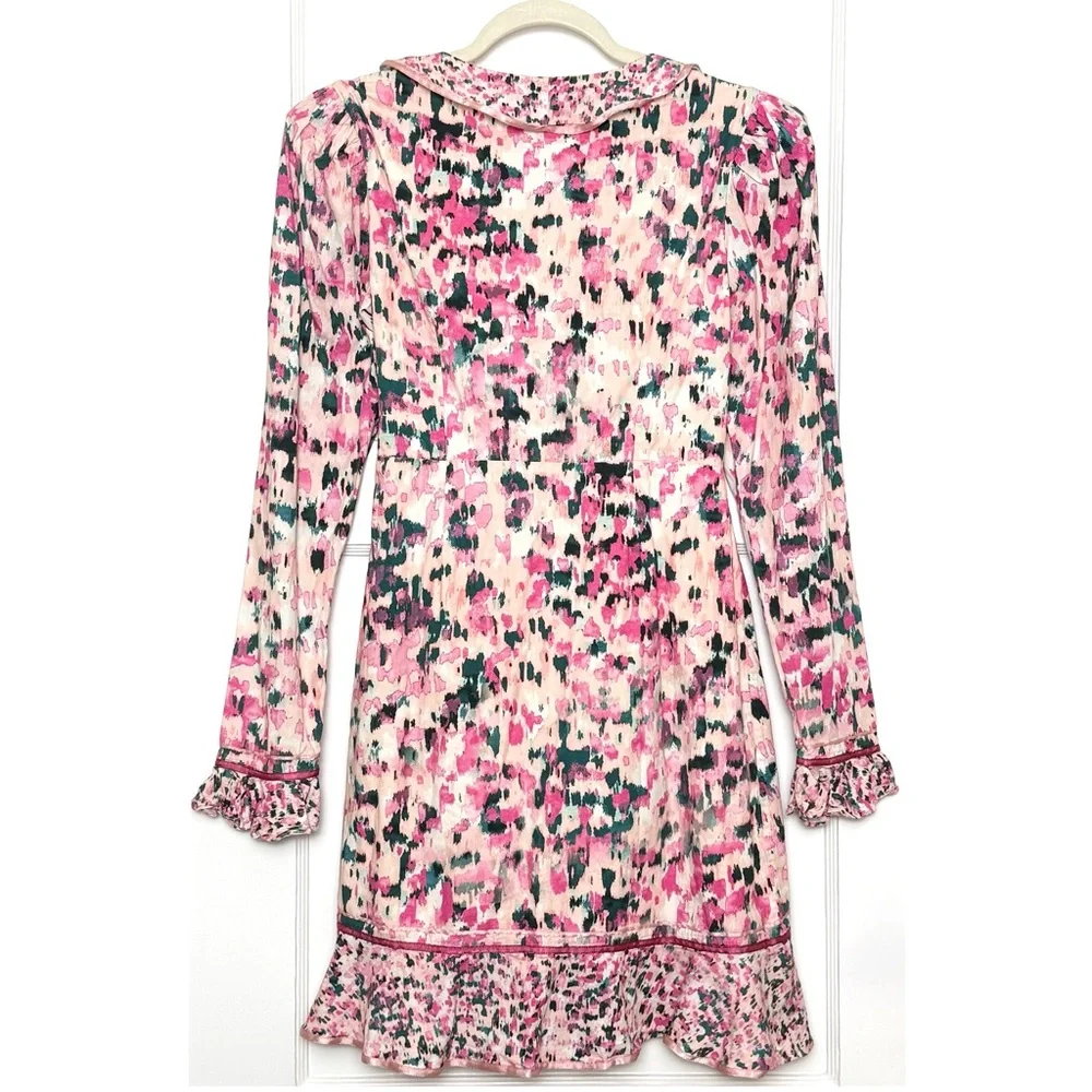 ROCOCO SAND Impressionist Floral Print Puff Long Sleeve Ruffle Wrap Mini Dress M